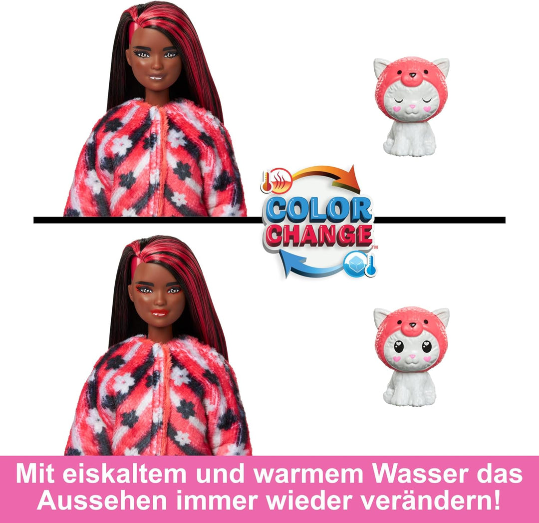BARBIE Cutie Reveal Puppe - 10 Überraschungen, Plüschtierfreunde, Outfits und Farbwechselspass, Rote