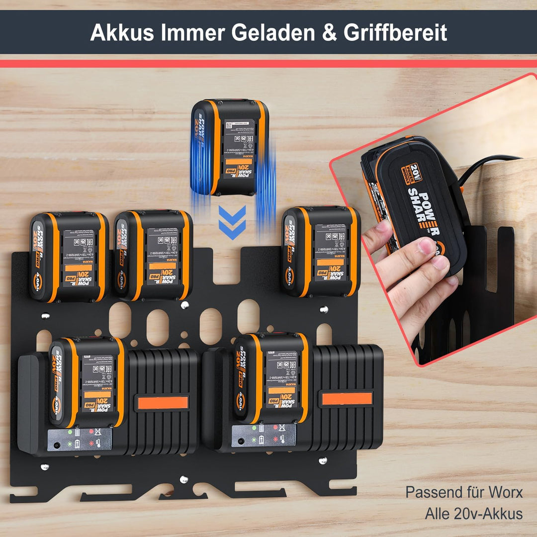 DITKOK Upgrade 3-in-1 Wandhalterung für Worx Ladegeräte, Akkus und Akku-Bohrmaschine, Metall-Akkuhal