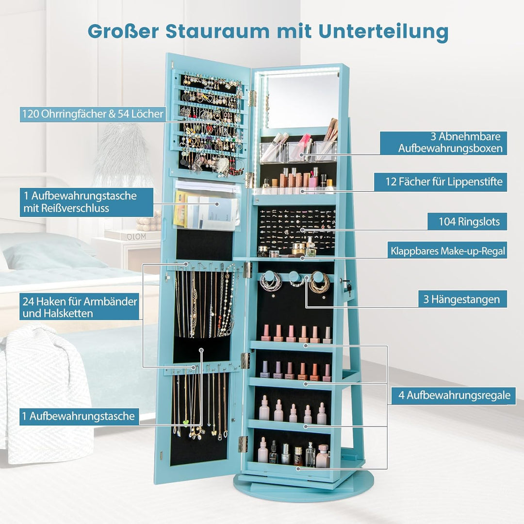 COSTWAY Schmuckschrank mit LED, Spiegelschrank 360° drehbar, mit rahmenlosem Ganzkörperspiegel, Schm