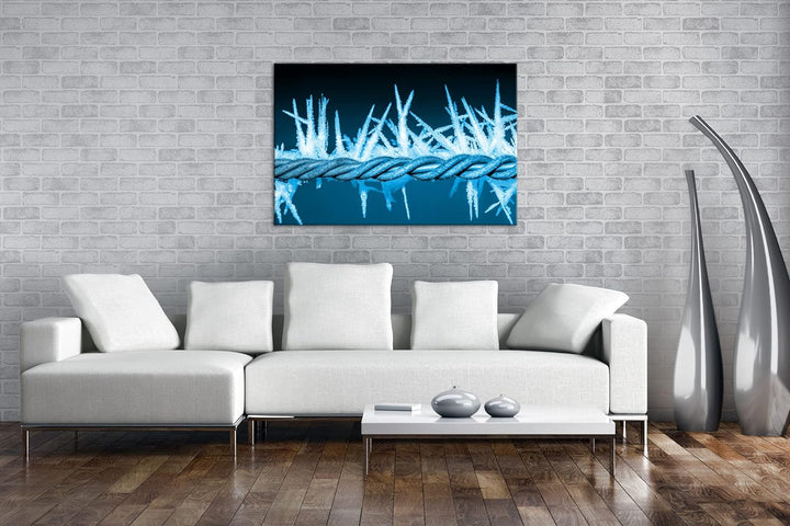 deyoli vereister Stacheldraht Format 80x60 Effekt: Monocrome Blau als Leinwandbild, Motiv fertig ger