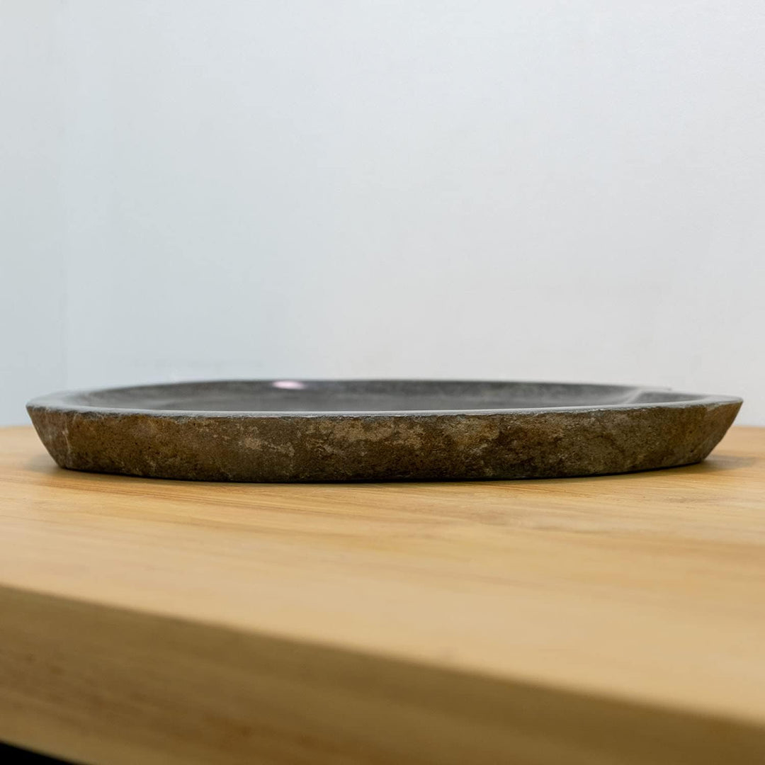 wohnfreuden Naturstein Tablett grau rund 40 cm - Steintablett innen poliert Dekoration Steinschale