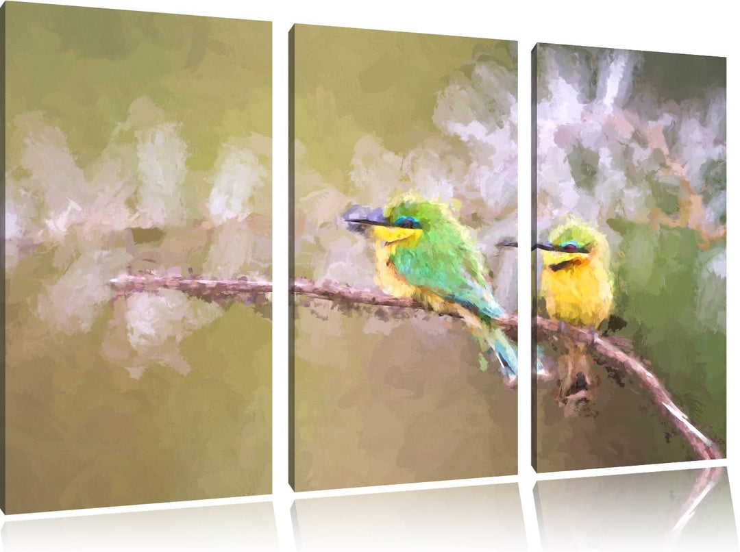 farbenfrohe exotische Vögel auf Ast NewArt 3-Teiler Leinwandbild 120x80 Bild auf Leinwand, XXL riesi