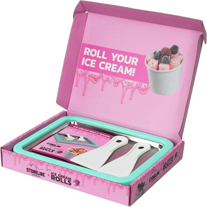 STONELINE by Mr. Ice Cream Rolls ORIGINAL Ice Cream Rolls Maker Eisplatte Mint 26x21x3,5 cm mit 2 Sp