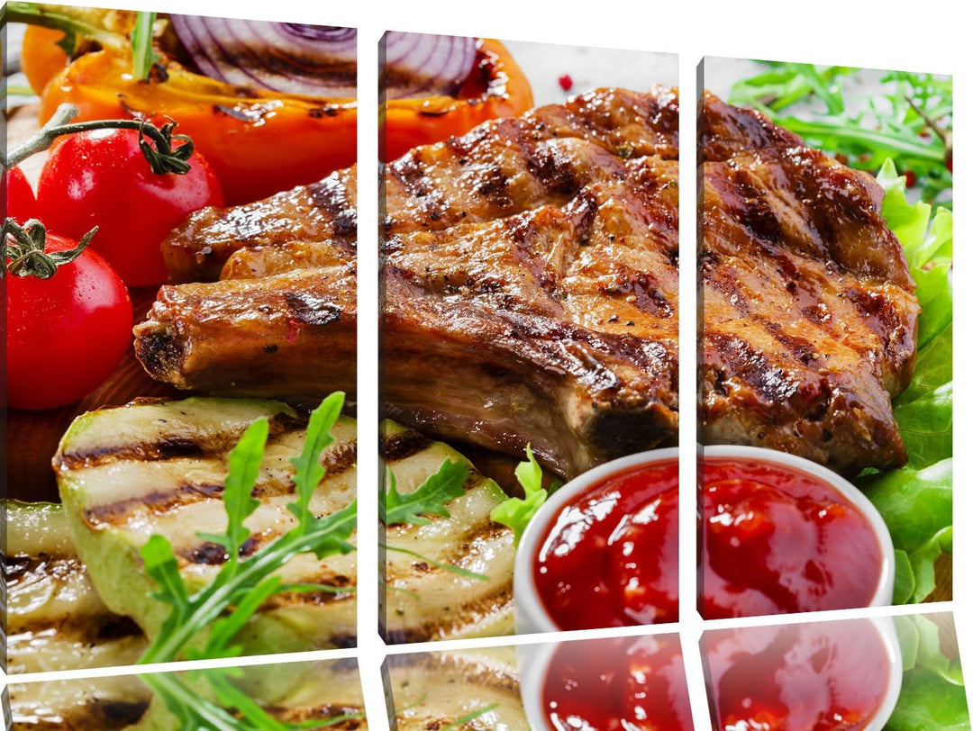 Gegrilltes Steak als 3-Teiler Leinwandbild 120x80 Bild auf Leinwand, XXL riesige Bilder fertig gerah