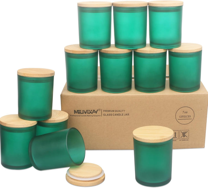 MILIVIXAY 12 Stück 200 ml mattgrüne, dicke Glas-Kerzengläser mit Deckel, leere Kerzengläser für die