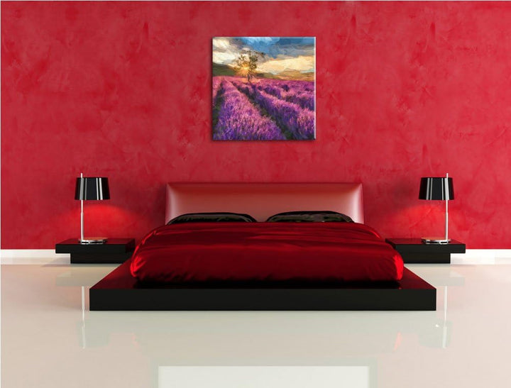 Pixxprint Zartes Lavendelfeld mit einsamen Baum, Format: 70x70 auf Leinwand, 70x70