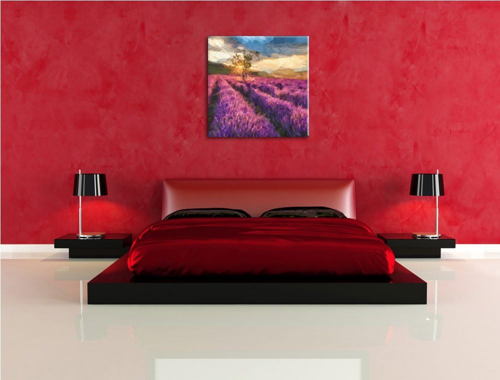 Pixxprint Zartes Lavendelfeld mit einsamen Baum, Format: 70x70 auf Leinwand, 70x70