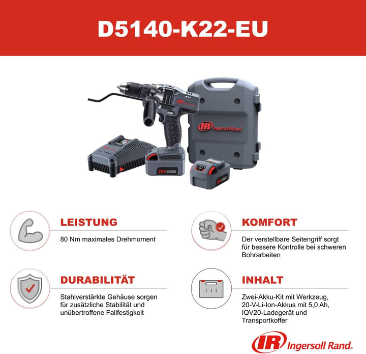 Ingersoll Rand Akku Bohrmaschine/Schrauber D5140-K22-EU, 1/2-Zoll 20V, 2x BL2022 Li-Ion-Akkus 5,0 Ah