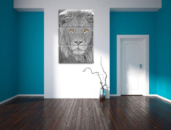 bildschöner Löwe schwarz/weiss Deluxe 3-Teiler Leinwandbild 120x80 Bild auf Leinwand, XXL riesige Bi