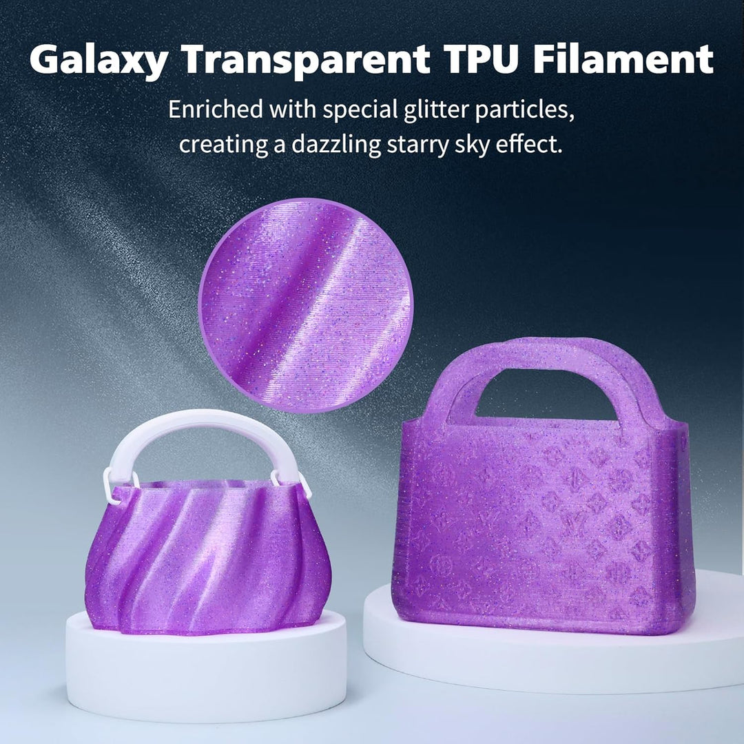 YOUSU TPU-Filament 1,75 mm, transparentes Galaxy-TPU (Gelb, Grün, Blau, Lila) A2-Galaxie Glitzer TPU