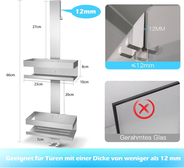 UUlioyer Duschablage zum Hängen, Duschregal aus Edelstahl SUS304 ohne Bohrer für Rahmenlos Glastür,