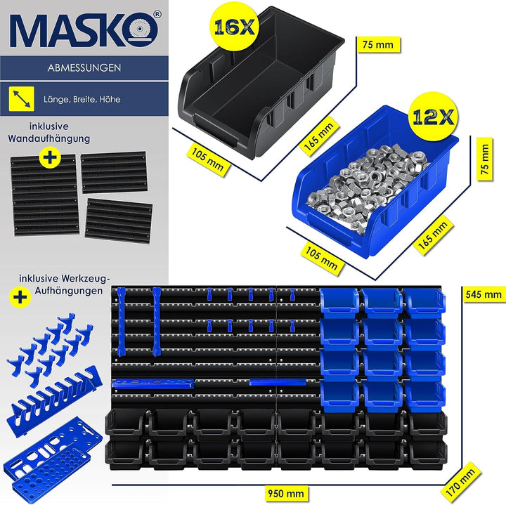 MASKO® Wandregal + Stapelboxen + Werkzeughalter | 45 tlg Box | Erweiterbar | Werkstattregal Lagerreg