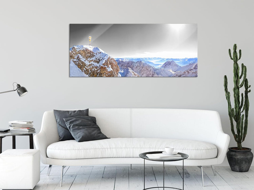 Glasbild Panorama | Wandbild aus Echtglas | Zugspitze im Sonnenlicht | 100x40 cm | inkl. Aufhängung