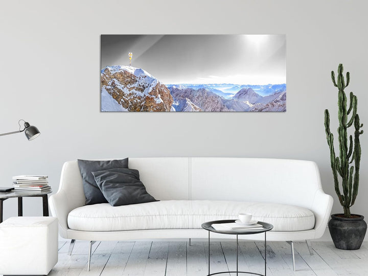 Glasbild Panorama | Wandbild aus Echtglas | Zugspitze im Sonnenlicht | 100x40 cm | inkl. Aufhängung