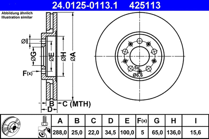 ATE Original Bremsscheibe - 2 Bremsscheiben - 24.0125-0113.1 - ECE-R90 Strassenzulassung