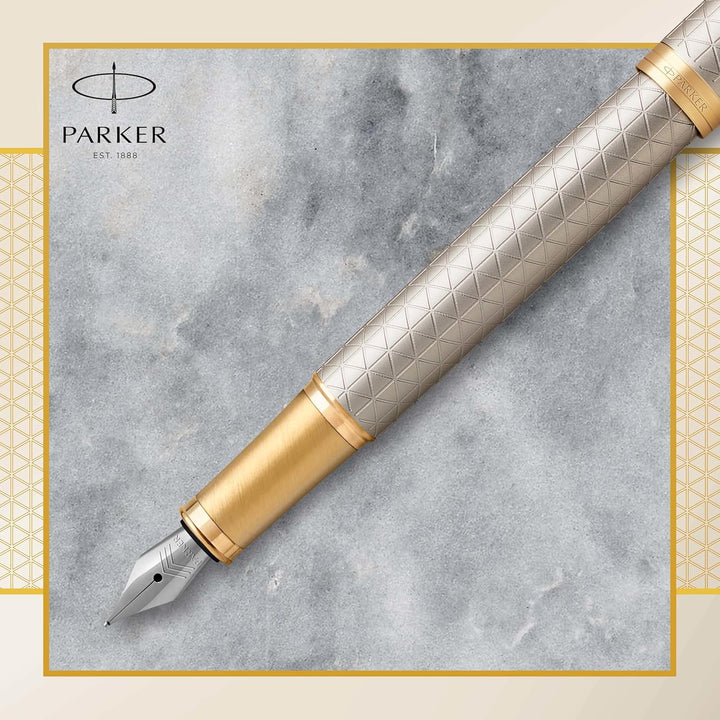 Parker IM Füller Premium Warm Silver Füllfederhalter mit feiner Feder blaue Tinte Geschenkbox