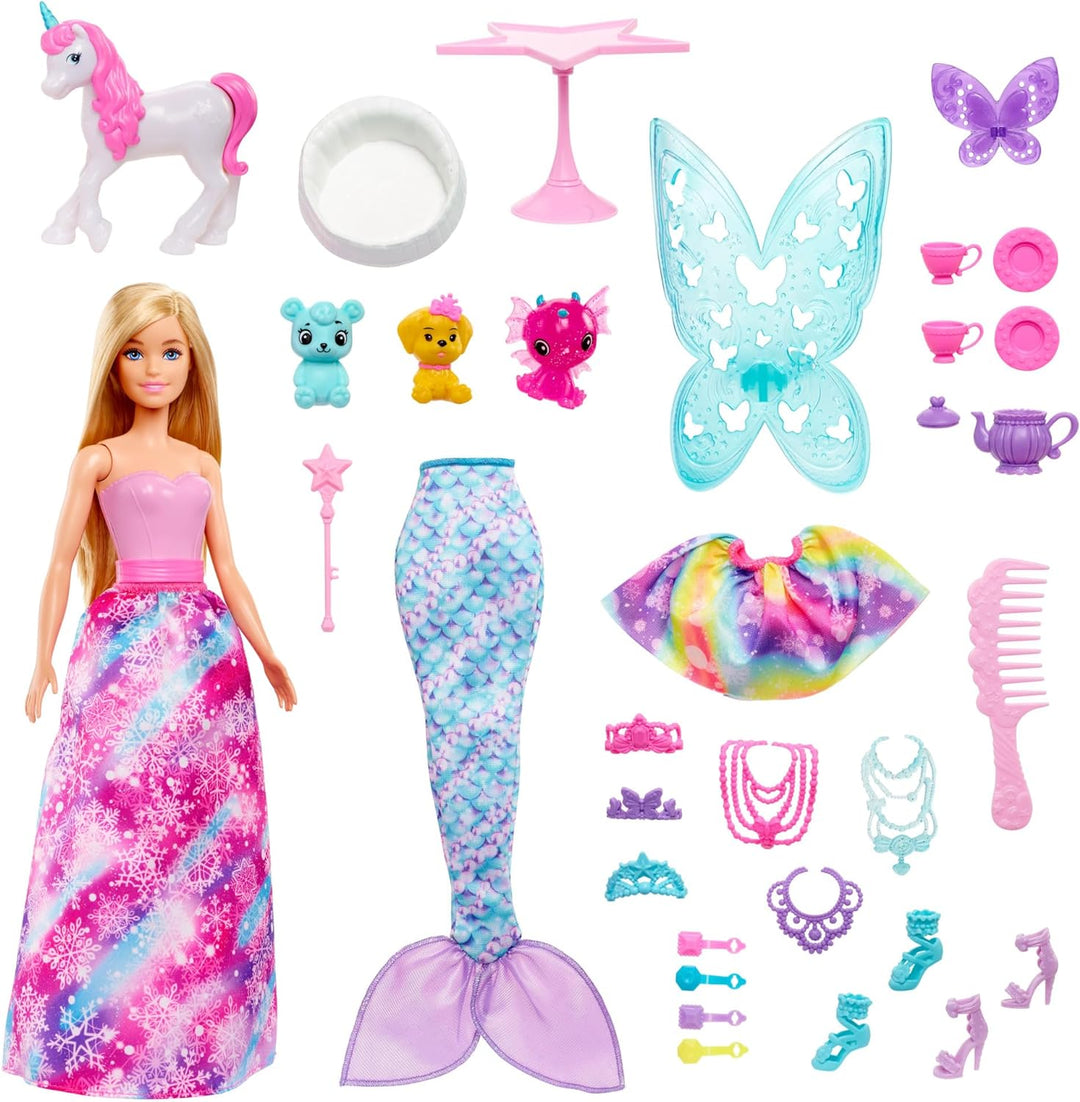 Barbie Dreamtopia Märchen-Adventskalender mit Puppe und 24 Überraschungen wie Haustieren, Moden und