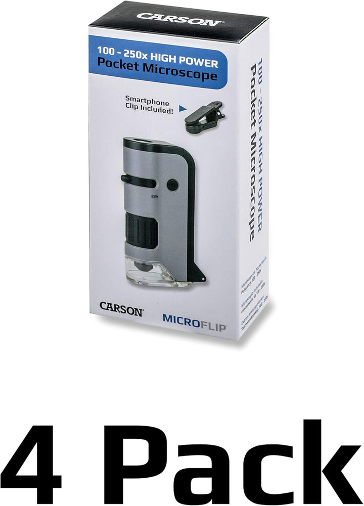 Carson MicroFlip 100x-250x Taschenmikroskop mit Smartphone-Adapter für Fotos und Videos - 4er Set (M