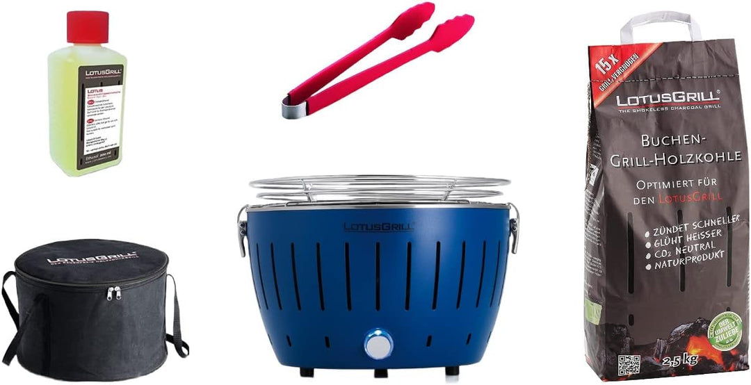 LotusGrill S Small Kompakt Starter-Set Tiefblau der raucharme Holzkohlegrill mit 2,5 kg Buchenholzko