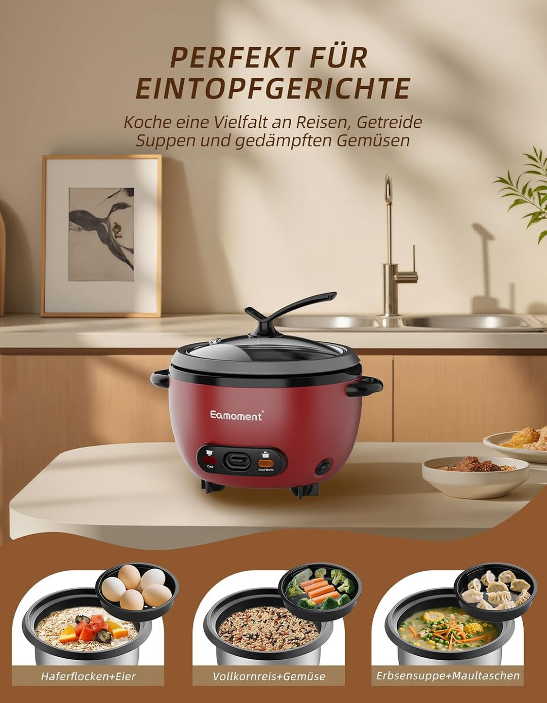Eamoment ERC-5P07RD 1L | 400W Reiskocher & Schwarzer Dämpfeinsatz Warm & Kochen 1-5 Personen Antihaf