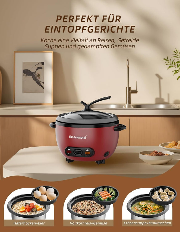 Eamoment ERC-5P07RD 1L | 400W Reiskocher & Schwarzer Dämpfeinsatz Warm & Kochen 1-5 Personen Antihaf