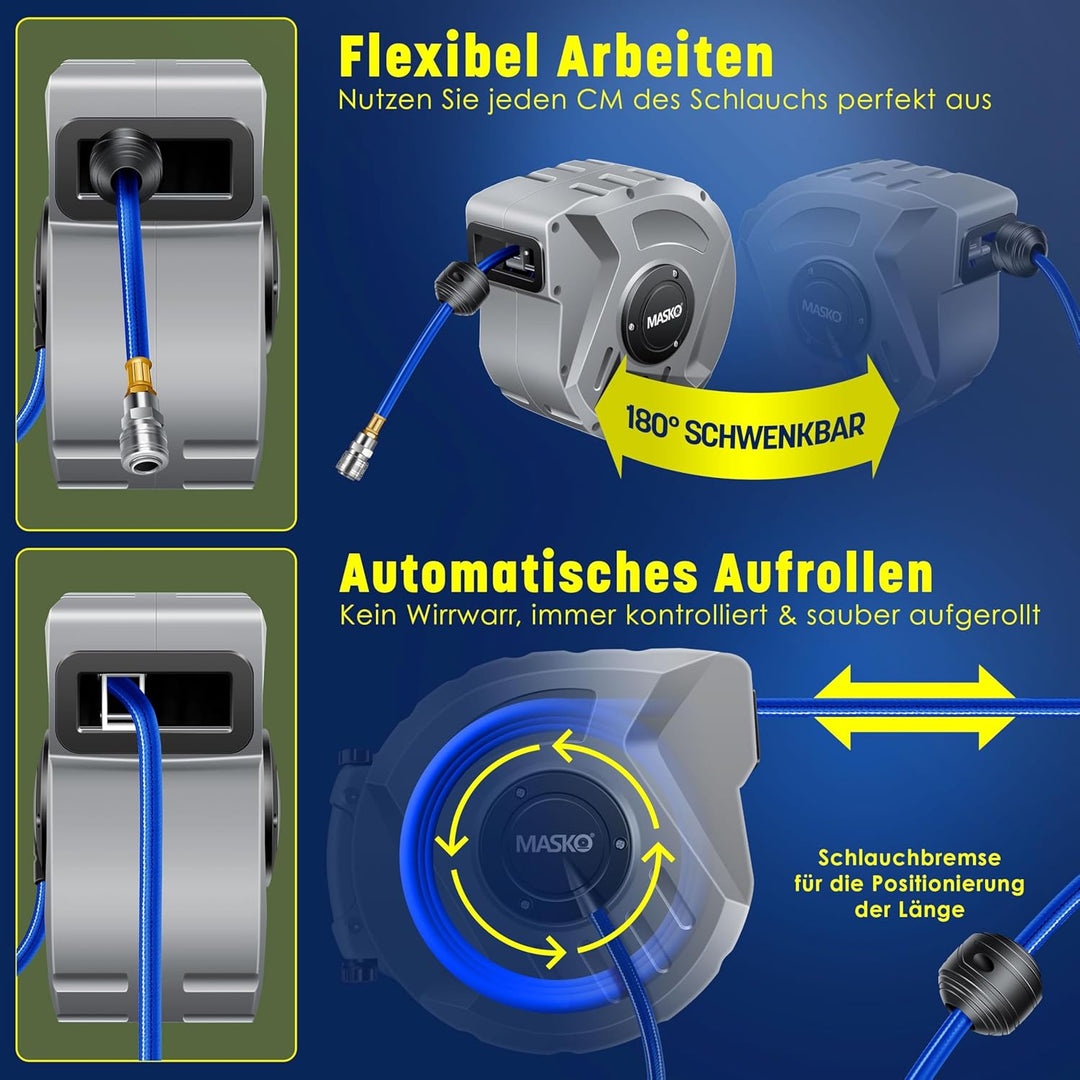 MASKOยฎ 10m Druckluftschlauch Aufroller automatisch 1/4" Anschluss - Schlauchtrommel Wandschlauchhalt