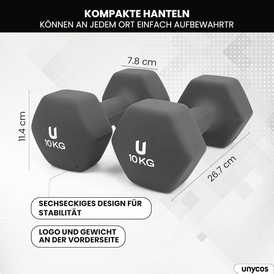 unycos - Neopren Hanteln, Kurzhanteln 2er Set von 1-10 kg für Männer und Frauen, Rutschfest, Anti-Ro