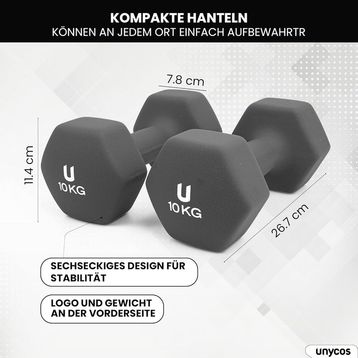 unycos - Neopren Hanteln, Kurzhanteln 2er Set von 1-10 kg für Männer und Frauen, Rutschfest, Anti-Ro