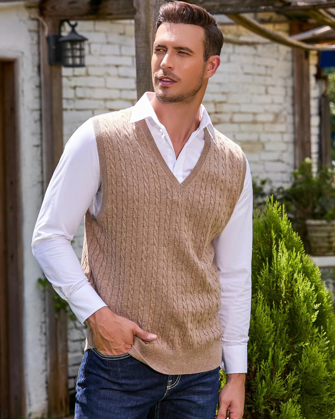 Kallspin Herren Strickweste Pulunder Ärmellos Zopfstrick V-Ausschnitt aus Wollmischung XL Kaffee, XL