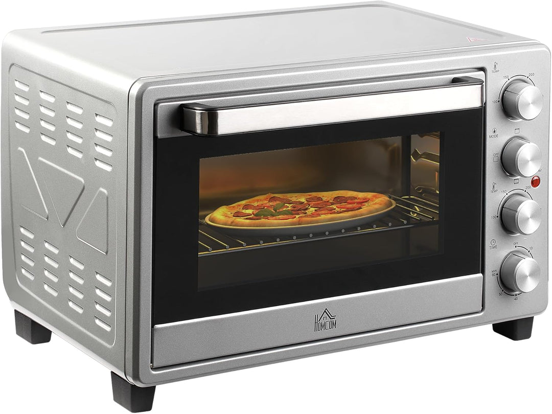 HOMCOM Minibackofen 32L 1600W Elektrischer Mini Ofen mit Schlackenauffangwanne Metall Edelstahl Glas