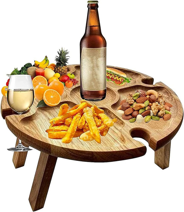Torribaly Tragbarer Picknicktisch, Mini Campingtisch Rund Holz Gartentisch Klappbar Snackbox, Couchb