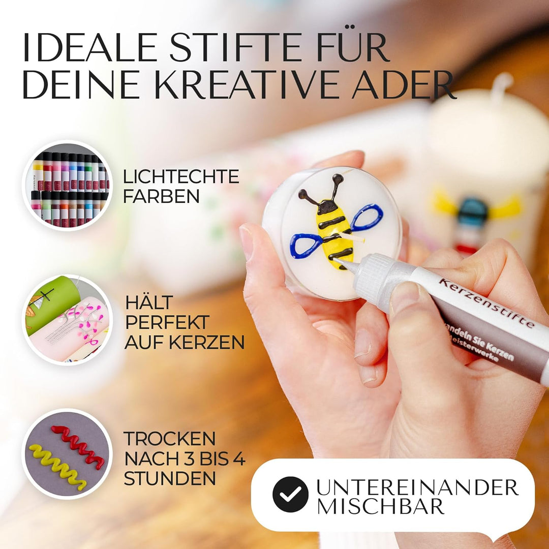 Brandalo® Premium 24er Set Kerzenstifte á 30ml leuchtende Farben – Candle Pen für Kerzen - Taufkerze