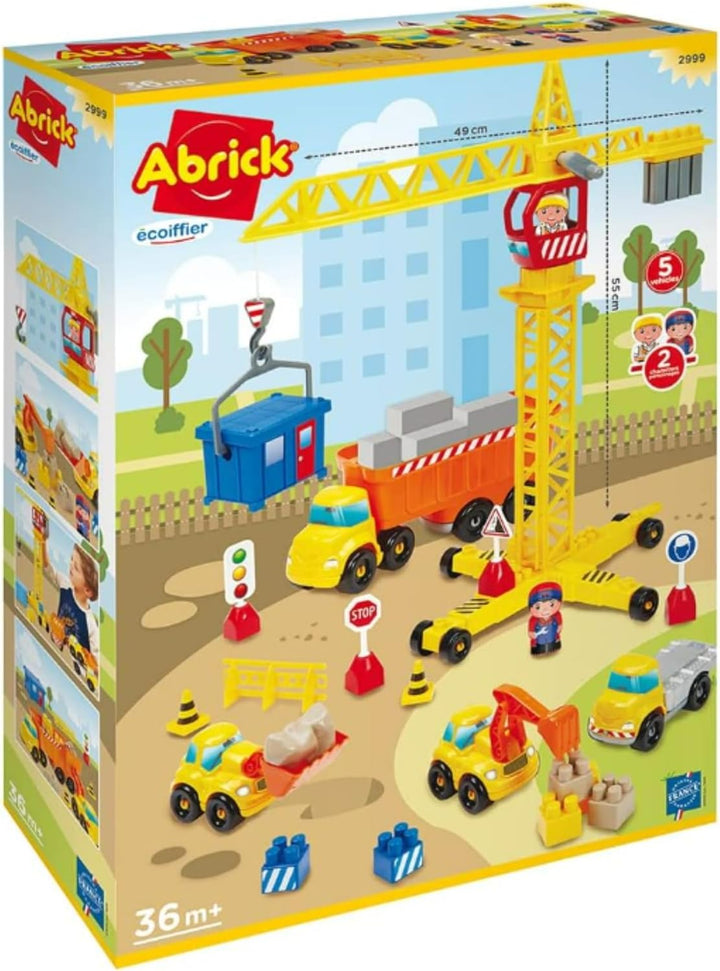 Ecoiffier – Abrick Baustellen Spielset – mit Kran, Baustellenfahrzeugen, LKW, Bausteinen, Schildern,