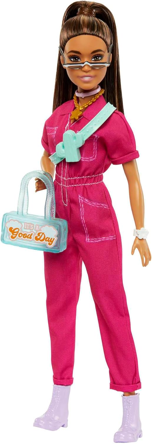 Barbie Fashionista - Puppe in pinkem Jumpsuit mit Accessoires und Welpen für Styling-Spass und Gesch