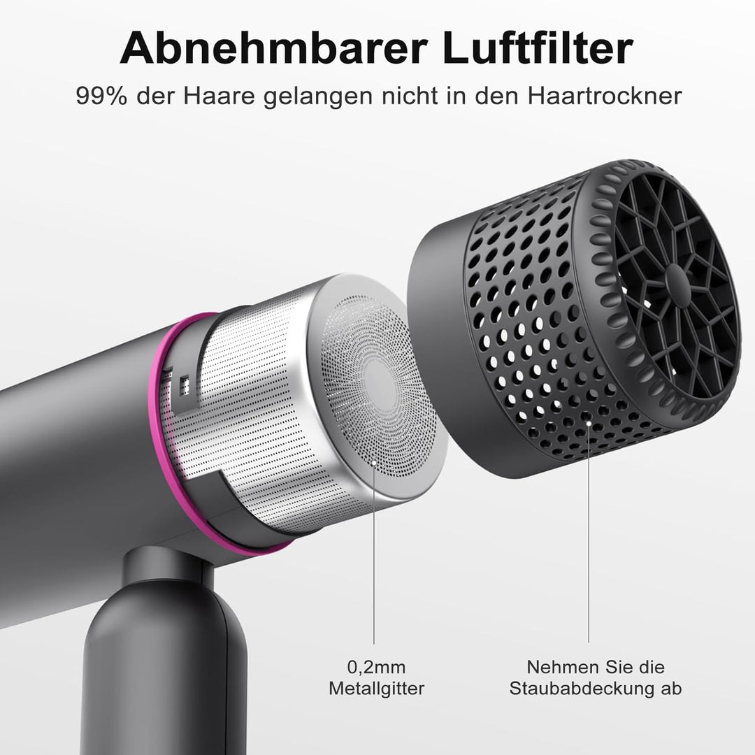 Haartrockner, 1600W Reisehaartrockner mit Diffusor und Konzentratordüse, Grau 2 Zubehörteile Grau, 2