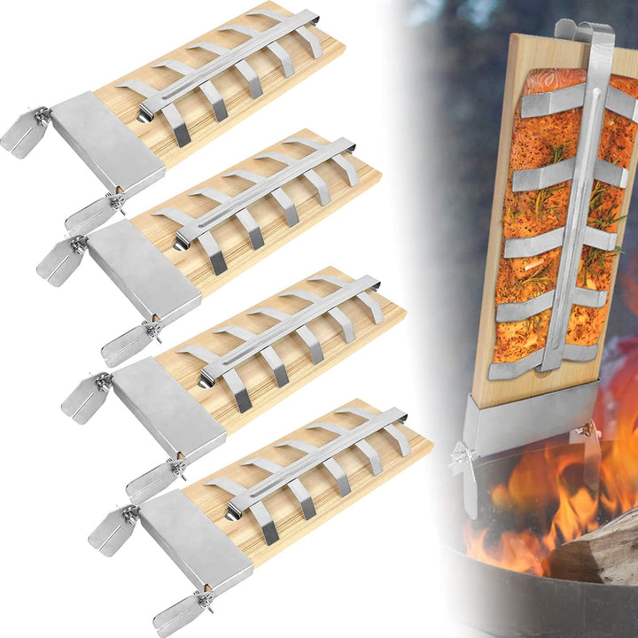 NAIZY Flammlachsbrett 4X Flammlachsbretter mit Edelstahl-Halterung Lachsbretter 5 Stufen Einstellbar