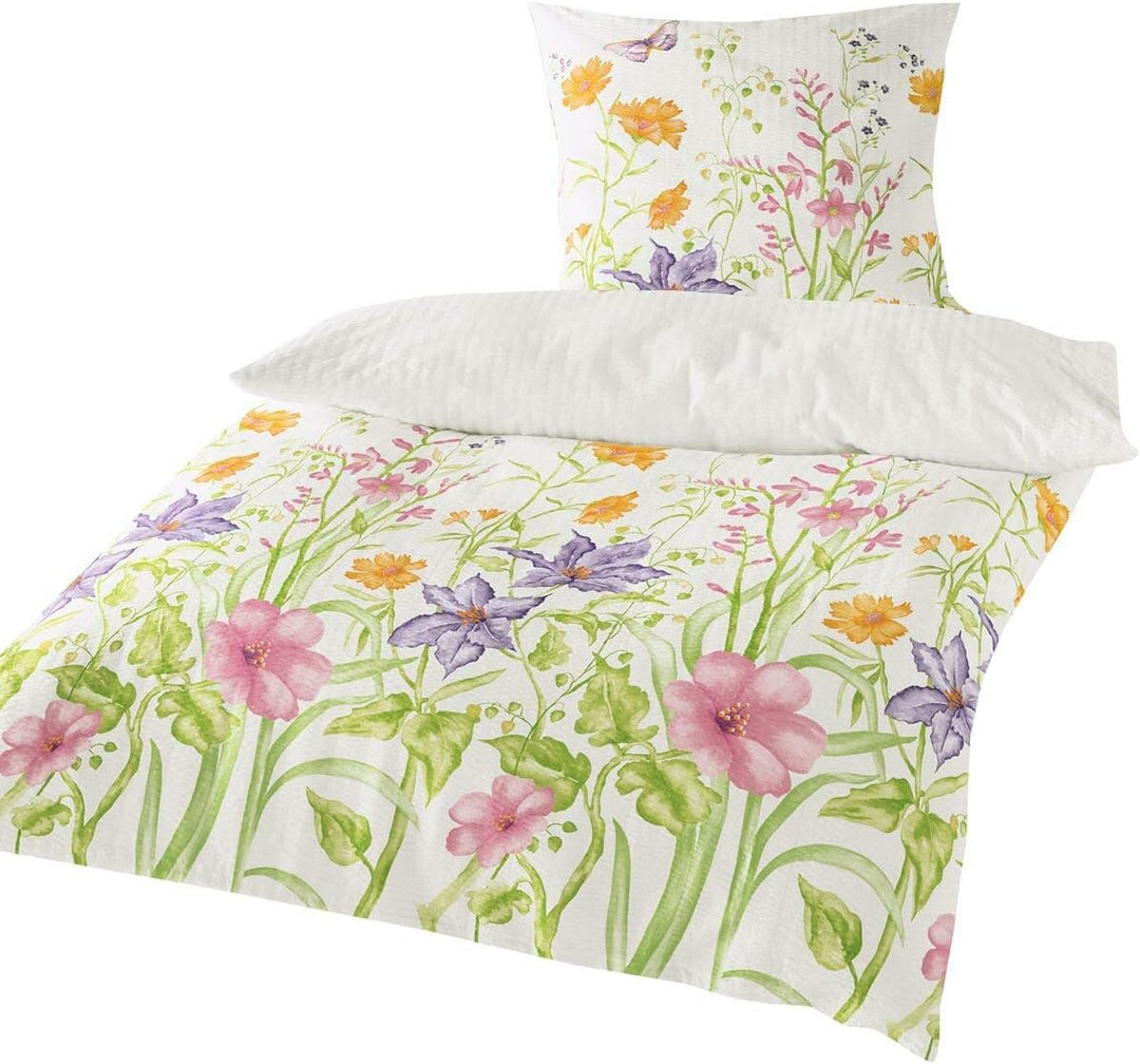 Seersucker Bettwäsche Set Blumenwiese – 135x200 cm Bettbezug + 80x80 cm Kissenbezug – 100% Baumwolle