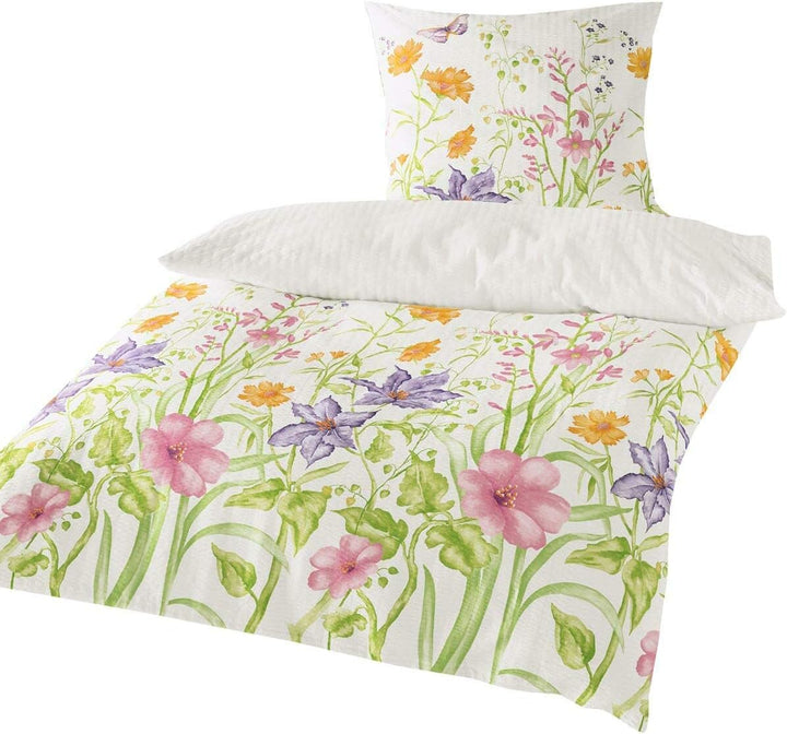 Seersucker Bettwäsche Set Blumenwiese – 135x200 cm Bettbezug + 80x80 cm Kissenbezug – 100% Baumwolle