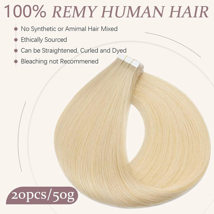 TESS Tape Extensions Echthaar #60 Weissblond 50 cm Klebeband Haarverlängerung 20er Pack Glatt Remy T