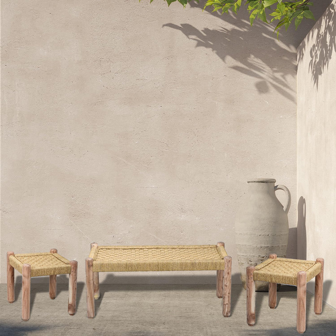 Marrakesch 3er Set Sitzbank Hocker Beistelltisch aus Holz & Jute Josue 36 cm | Ideal im Garten Terra