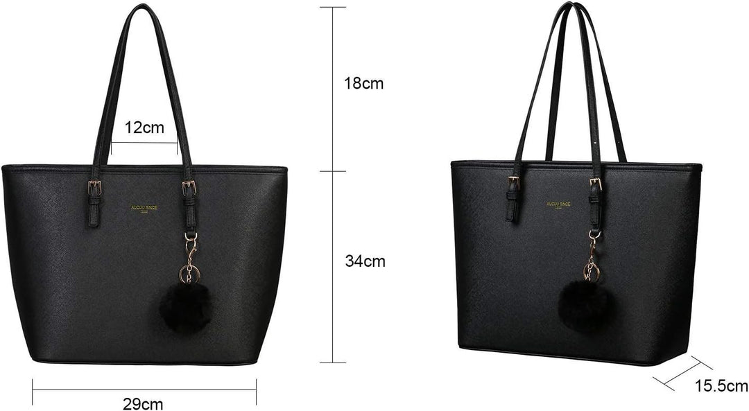 URAQT Damen Handtasche Schwarz, Shopper Handtasche Leder Tasche, Gross, für Büro Schule Einkauf mit