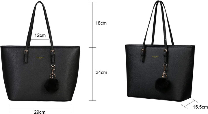 URAQT Damen Handtasche Schwarz, Shopper Handtasche Leder Tasche, Gross, für Büro Schule Einkauf mit