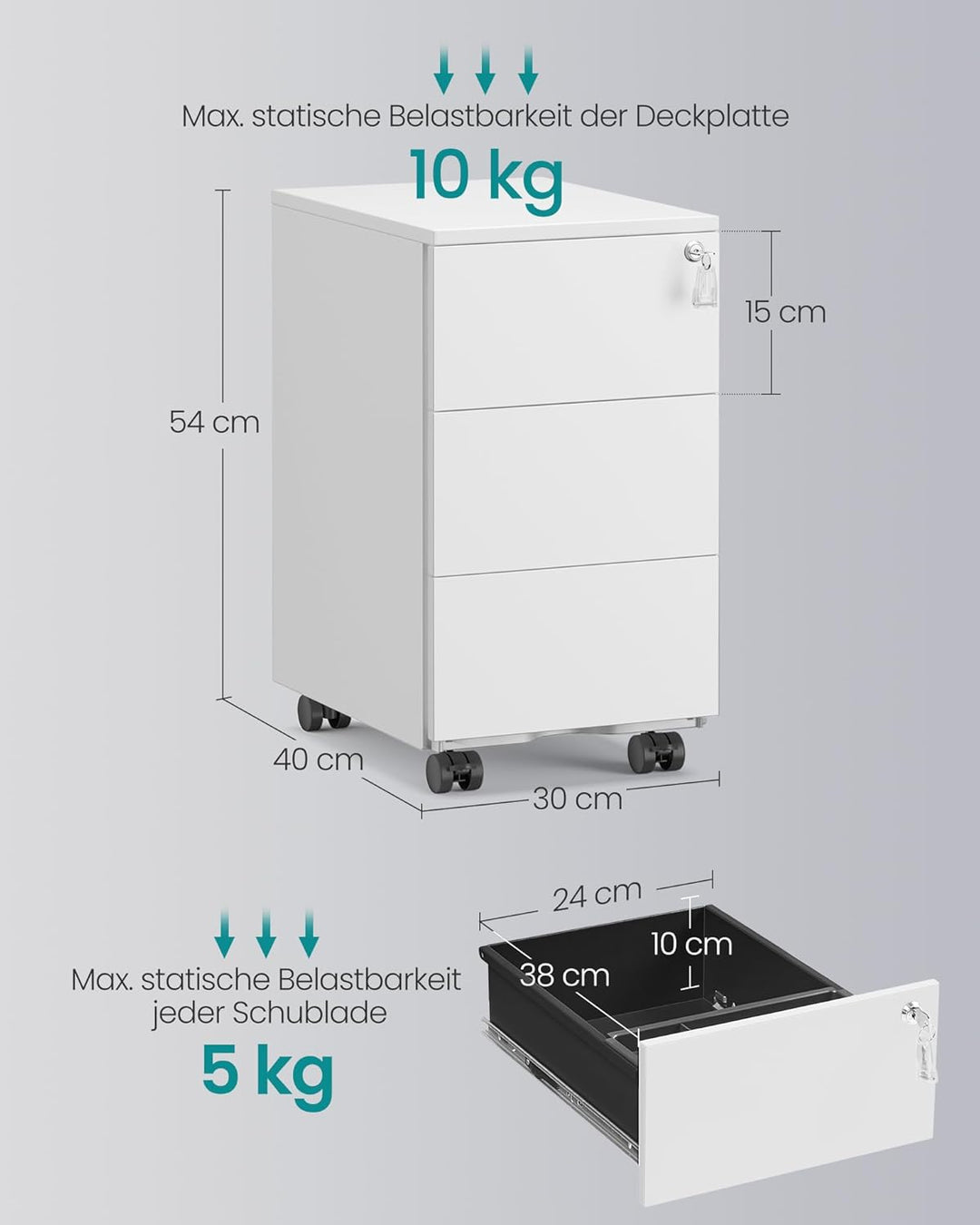 SONGMICS Schubladenschrank, Rollcontainer, mobiler Aktenschrank, Metallschrank, Druckertisch, abschl