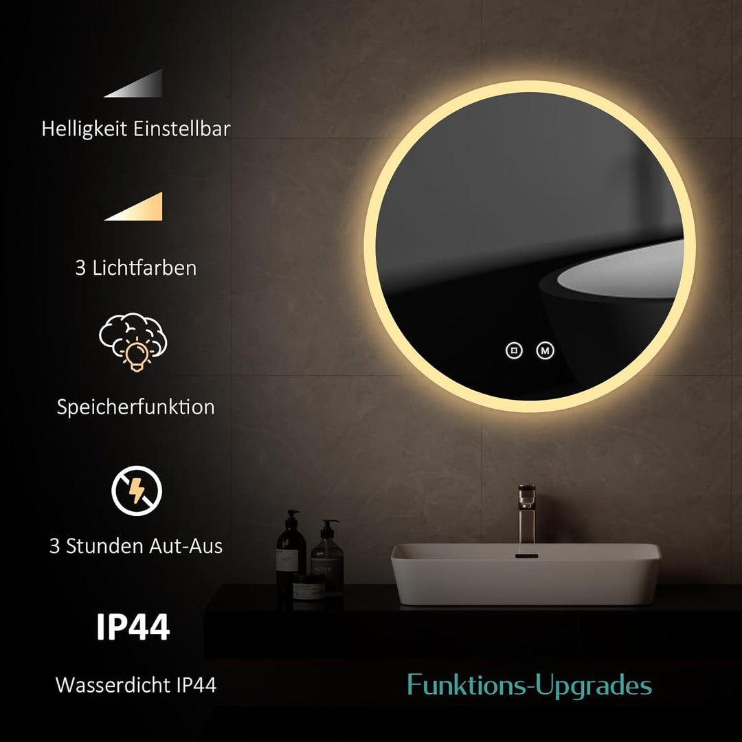 EMKE Badspiegel mit Beleuchtung Rund 60cm Badezimmerspiegel mit Touchschalter, 3 Lichtfarben dimmbar