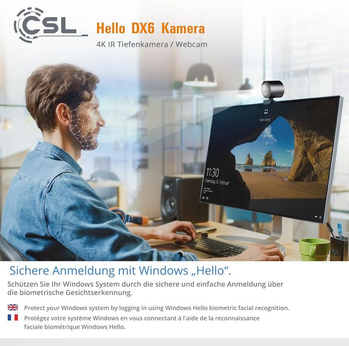Windows Hello Kamera - CSL Hello DX6 Webcam, Infrarot-Tiefenkamera, 3840x2160@30Hz, integriertes Mik