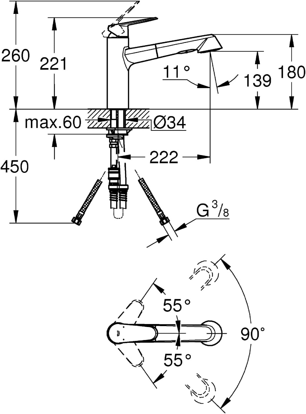 GROHE Eurodisc Cosmopolitan -Einhand- Spültischbatterie (Schwenkbereich 100°, Einlochmontage, heraus