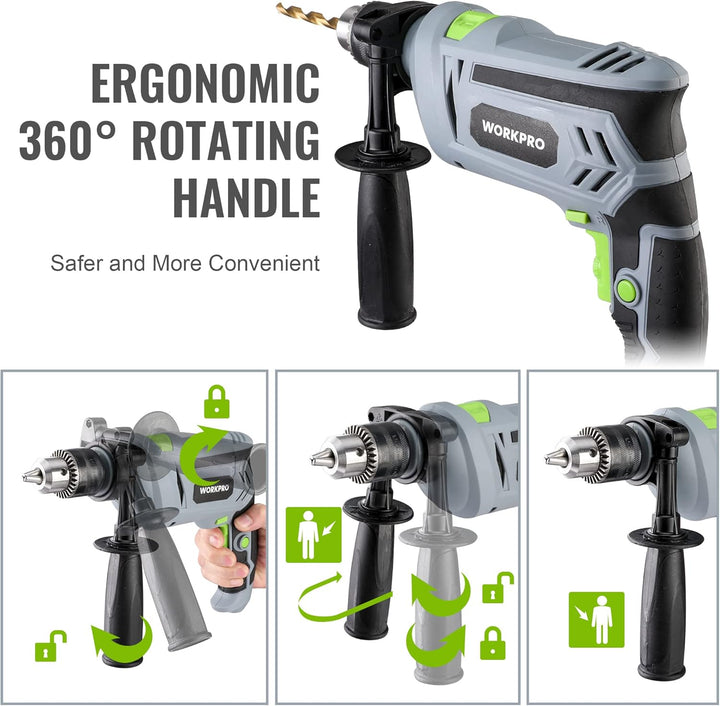 WORKPRO Schlagbohrmaschine 850W, Bohrmaschine 3000RPM, 2 in 1 Hammer und Bohrer mit 360° Drehgriff,