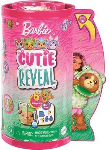 BARBIE Cutie Reveal Puppe - 6 Überraschungen in einer Verpackung, Plüschtierfreunde, Outfits und Far