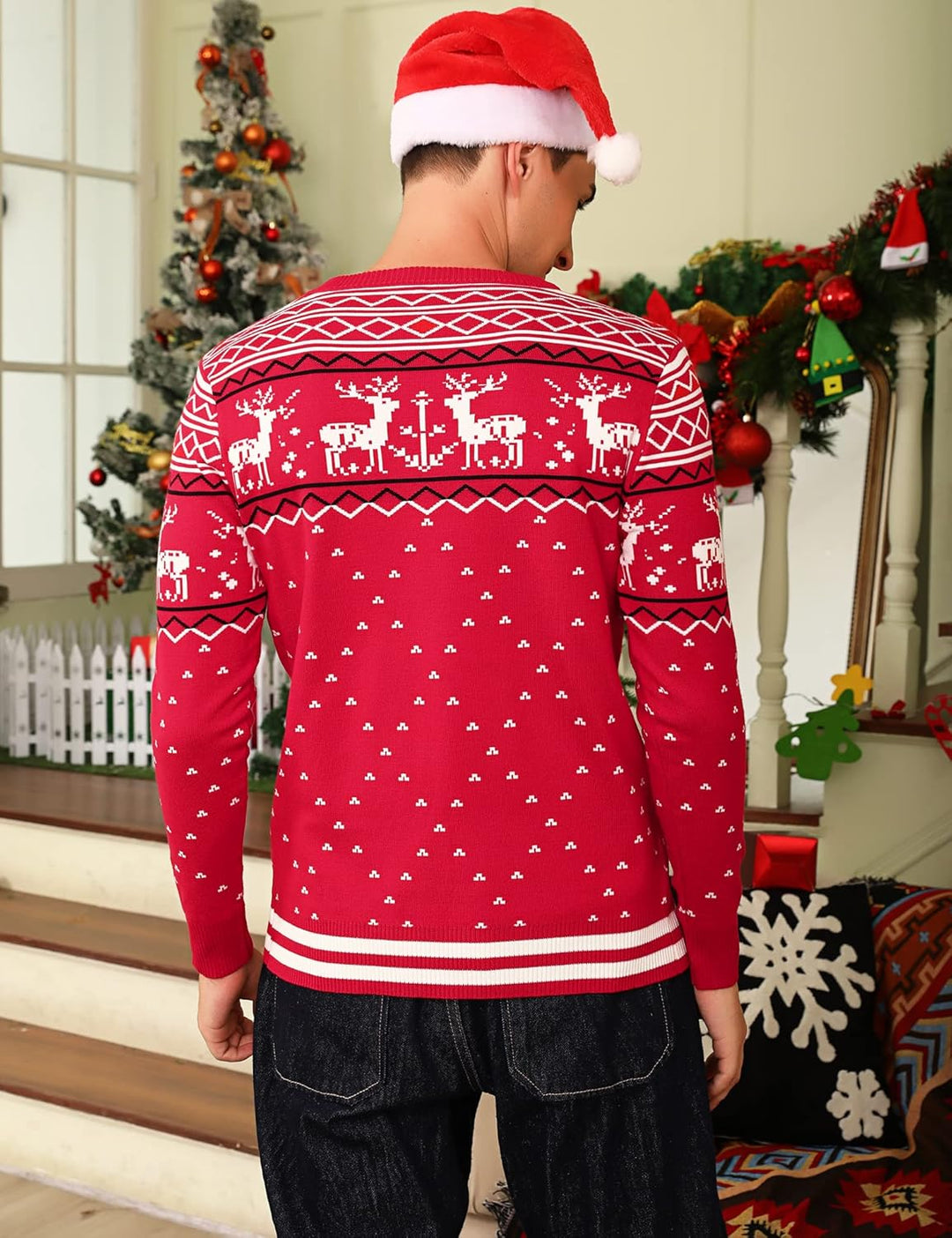 Litherday Weihnachtspullover Herren Strickpullover mit Rentiermuster, B-rot, S