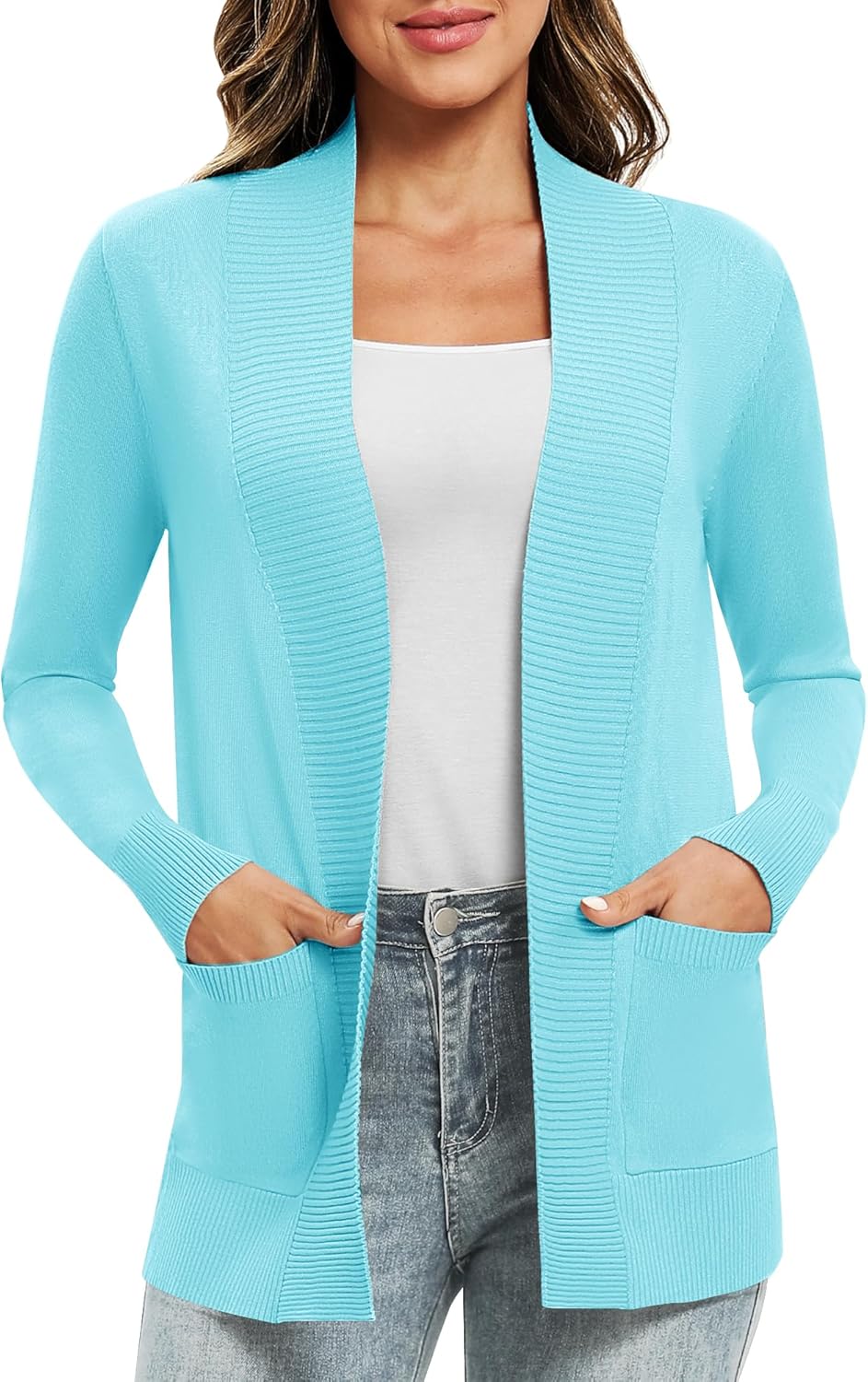 EXCHIC Leicht Damen Lange Ärmel V-Ausschnitt Lange Gestrickt Cardigan Gemütlich Offene Front Strickj